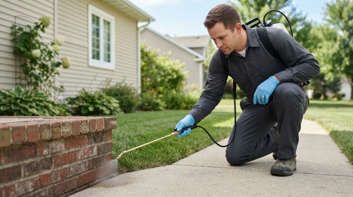 Pest control technician treating a home near Adel, IA