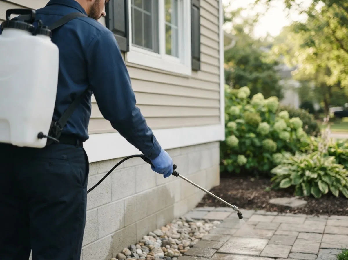Pest control technician inspecting a home in Adel, IA
